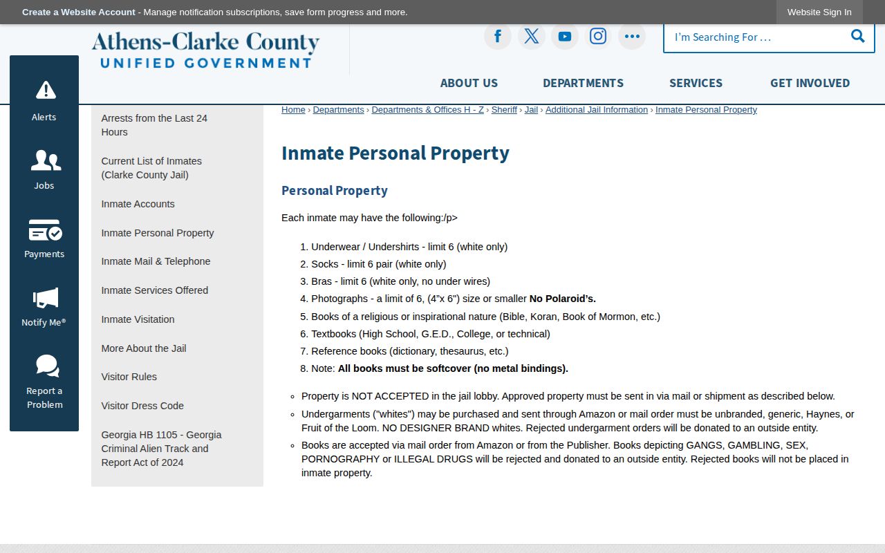 Clarke County Jail property rules relevant to inmate release questions