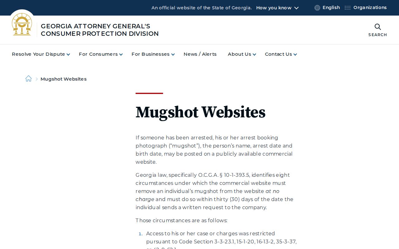 Georgia Attorney General removal guidance for Clarke County mugshot copies